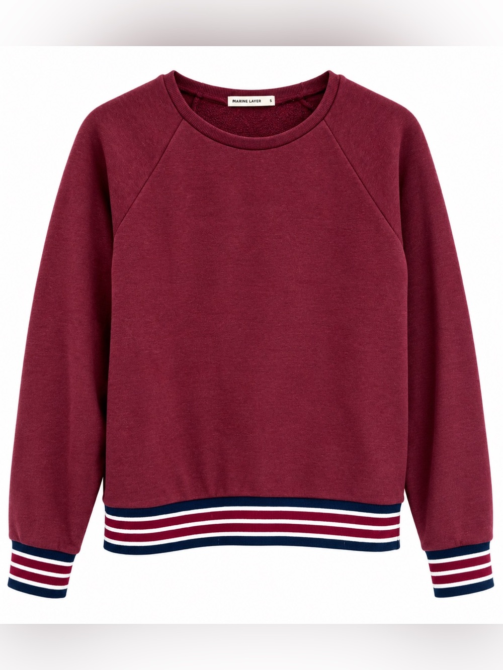 Marine Layer Burgundy Raglan Sweatshirt Striped Hem Varsity Stripe S Preppy
